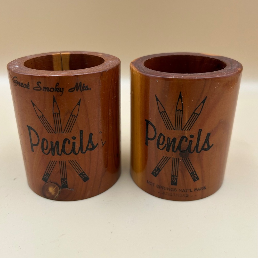Vintage Cedar Wood Pencil Holder Pair Great Smoky Mts Hot Springs Nat'l Park